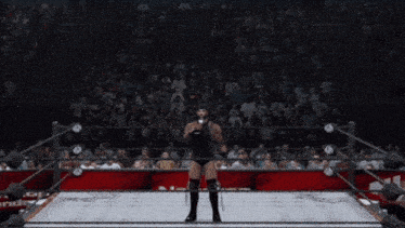 a wrestler is standing in the middle of a wrestling ring with a crowd watching
