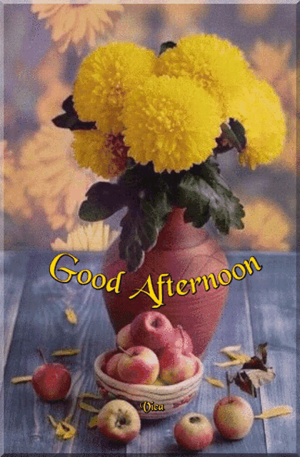 a card that says good afternoon with flowers and apples