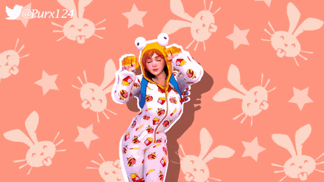 a girl in a pajama onesie is standing in front of a pattern of bunny faces