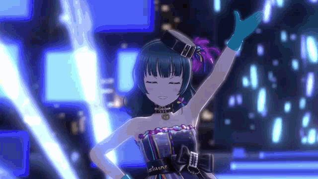 a girl in a black dress and gloves is dancing