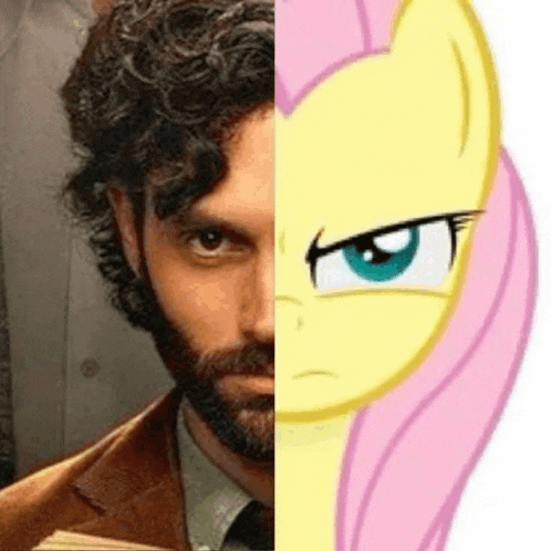 a man with a beard is next to a pink pony with a pony 's face .