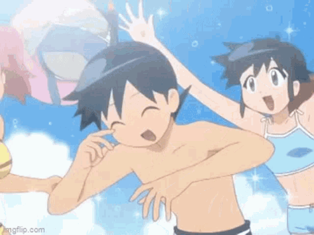 a group of anime characters are standing on a beach .