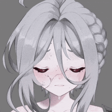 a girl with white hair and red eyes has a tear running down her cheek