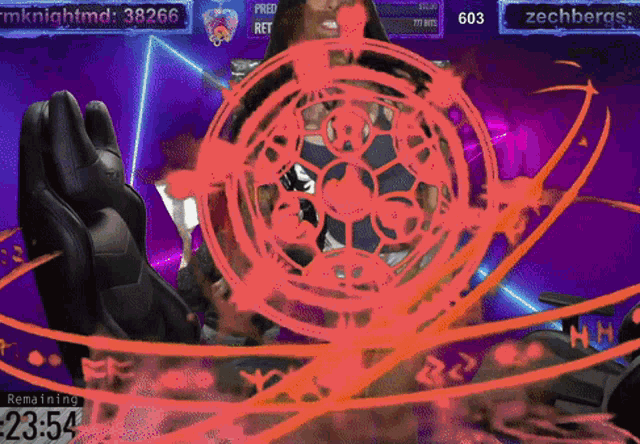 a video game screen shows a woman surrounded by a red circle and says remaining 23:54