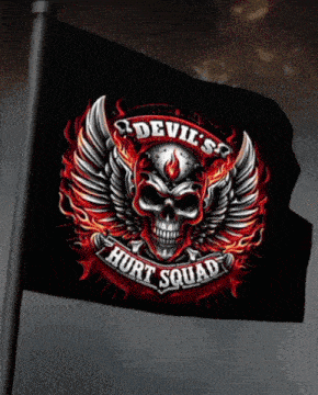 a devil 's hurt squad flag with a skull and flames