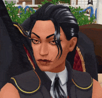 a close up of a woman 's face in a video game . she is wearing a suit and tie .