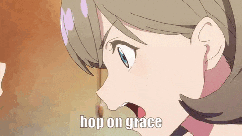 a close up of a girl 's face with the words `` hop on grace '' written next to her .