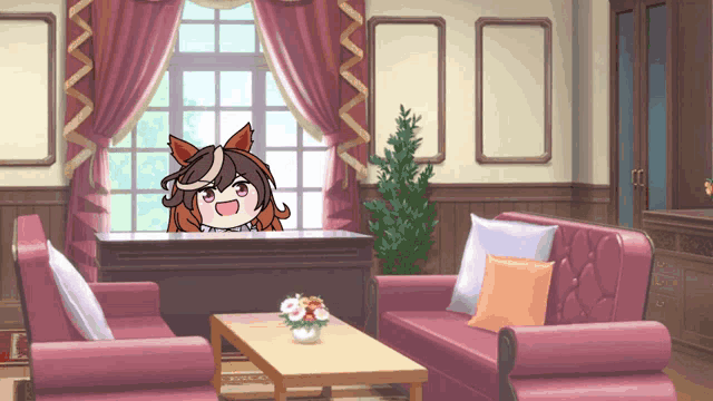 a cartoon of a girl in a living room with a couch and a table