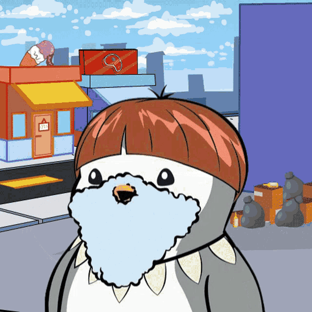 a cartoon of a bird with a beard standing in front of a store that says ice cream