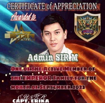 a certificate of appreciation for admin sir m one of the active members of the emperor family for the month of september