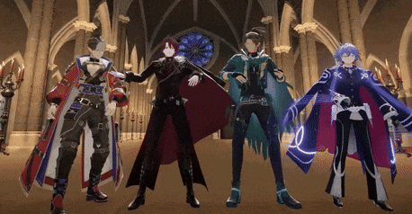 a group of four anime characters are standing next to each other in a room .