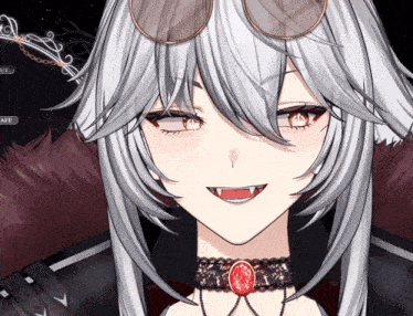 a girl with white hair and red eyes is wearing a choker with a red stone