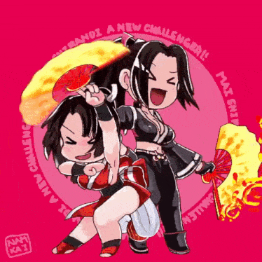 a cartoon drawing of two women with the words nami kai on the bottom right