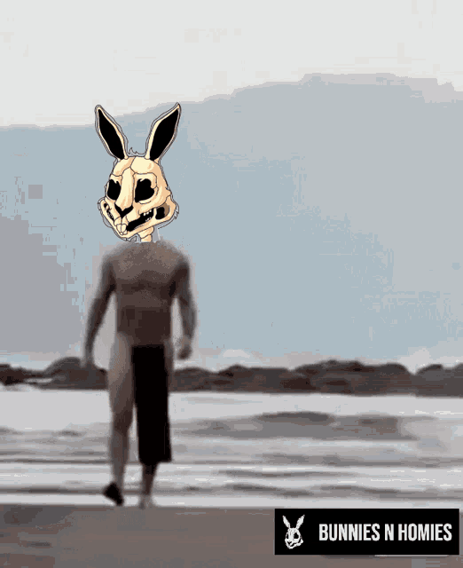 a cartoon of a man walking on a beach with a bunnies n homies logo behind him