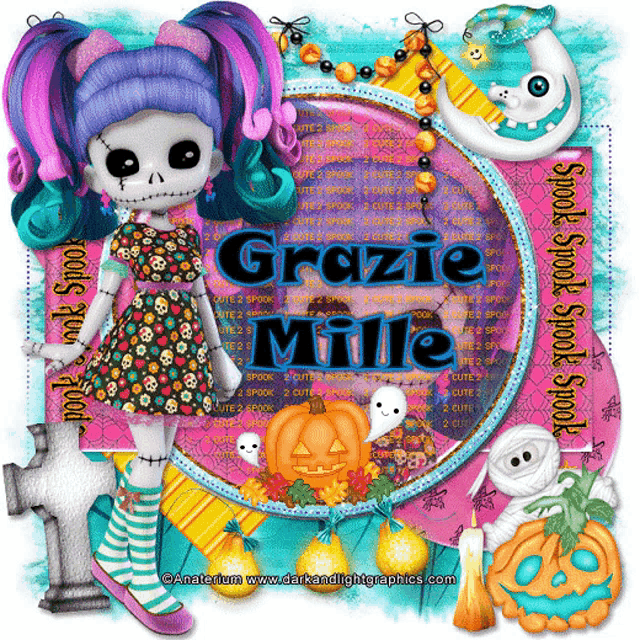 a halloween greeting card with a doll and the words grazie mille