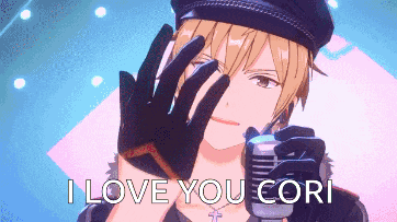 a man holding a microphone with the words i love you cori behind him