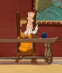 a cartoon character is sitting at a table holding a feather