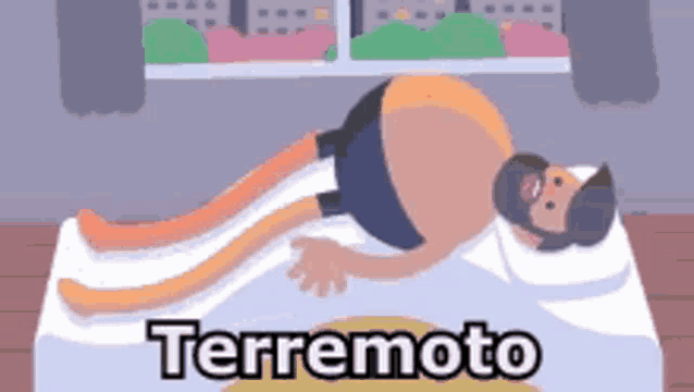 a cartoon drawing of a man laying on a bed with the word terremoto written on the bottom