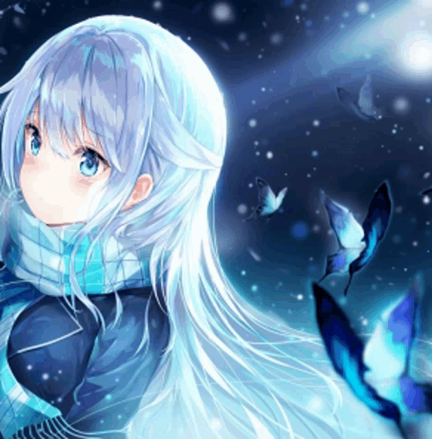 a girl with white hair and blue eyes is surrounded by butterflies