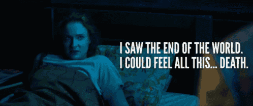 a woman laying in bed with the words " i saw the end of the world i could feel all this death "