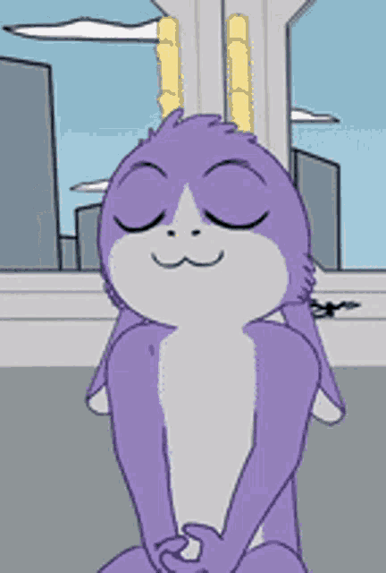a cartoon of a purple and white animal sitting with its eyes closed