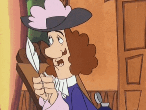 a cartoon character is holding a feather pen