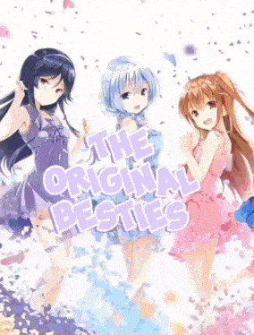 three anime girls are standing next to each other in a painting