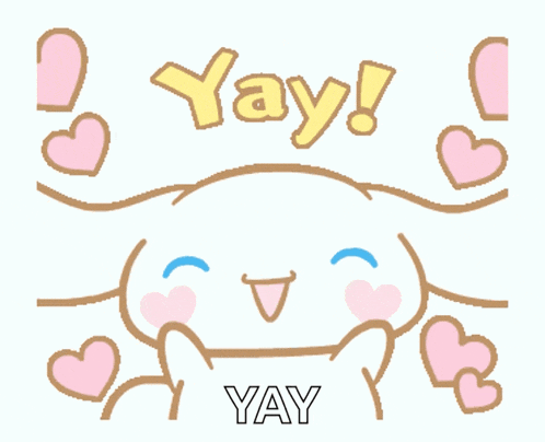 a cartoon character with hearts around it and the word yay