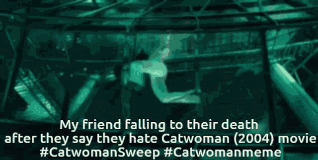 a meme about a friend falling to their death after they say they hate catwoman from 2004