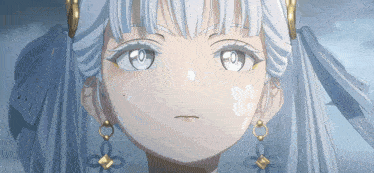 a close up of a girl 's face with white hair and gold earrings