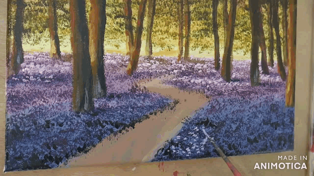 a painting of a path in the woods is made in animatica