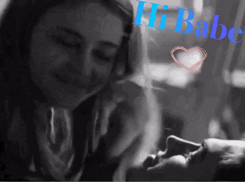 a black and white photo of a woman and a man with the words hi babe on the bottom