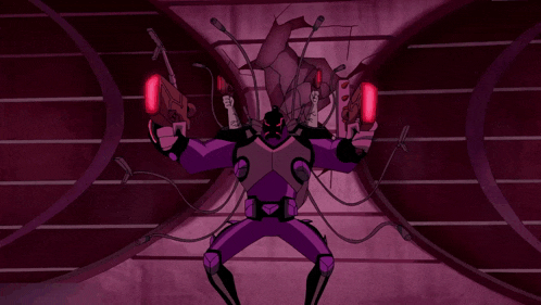 a purple cartoon character is holding a gun and a red light