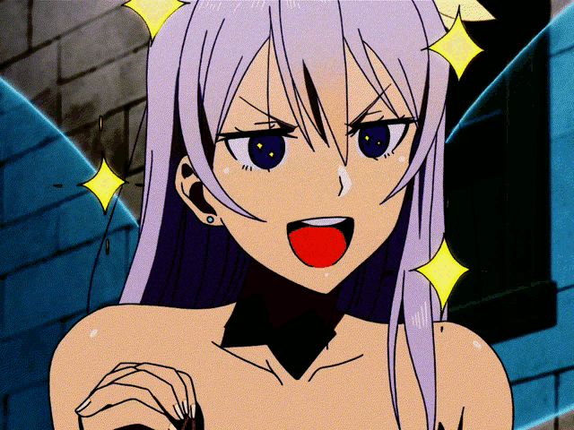 a girl with purple hair and blue eyes has a red tongue out
