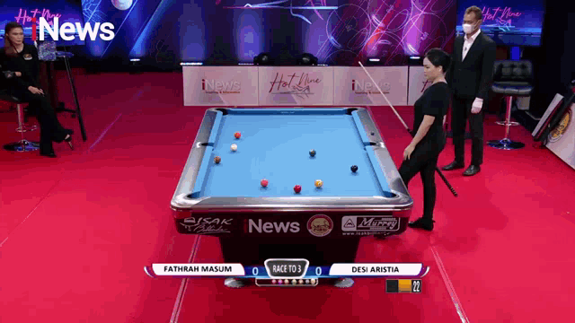 a pool table with a sign that says i news on it