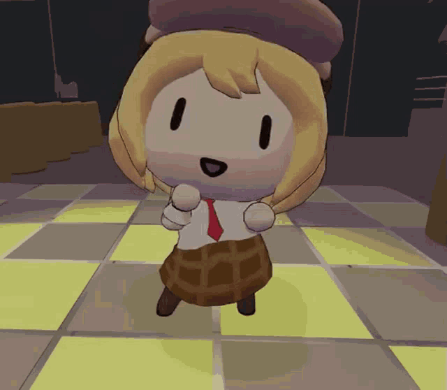 a cartoon character with a hat and tie is dancing on a tiled floor