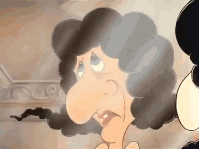 a cartoon of a woman with a big nose and smoke coming out of her mouth .