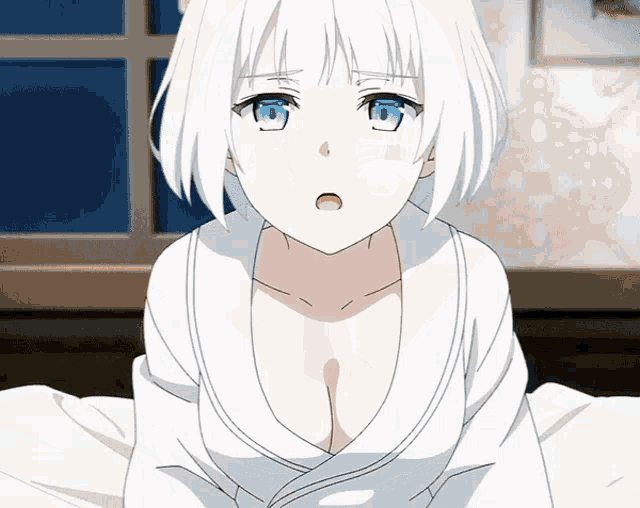 a white haired anime girl with blue eyes and a very large breast