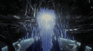 a computer generated image of a waterfall with a light coming out of it .