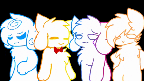 a group of cartoon characters standing next to each other with one wearing a red bow tie