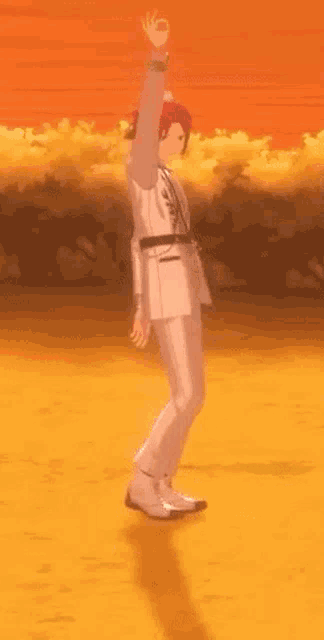 a man in a white suit is standing on a field holding an apple .