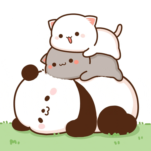 a panda bear is laying on top of a gray cat