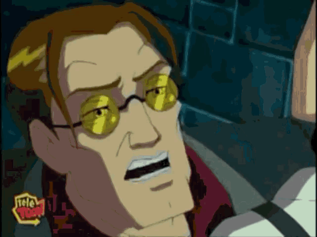 a cartoon of a man with yellow glasses and the words tele toon on the bottom
