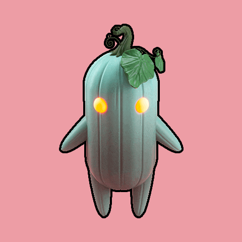a cartoon drawing of a pumpkin with yellow eyes and a green leaf on top