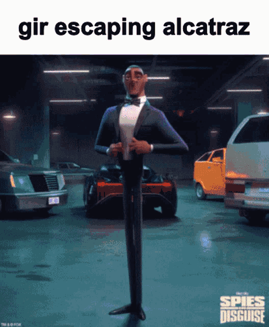 a poster for the movie spies in disguise with a man in a tuxedo