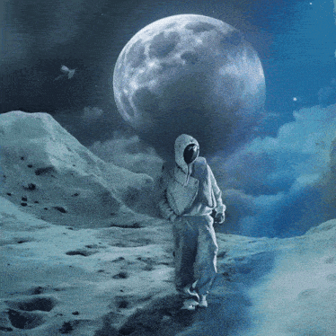 a man in a hoodie is standing on the moon in front of a full moon