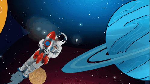 a cartoon illustration of an astronaut holding a toy rocket in space