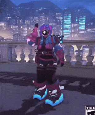a video game character is standing in front of a sign that says ' tee '