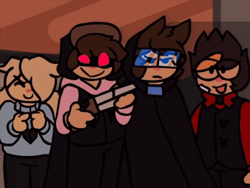 a group of cartoon characters are standing next to each other and one of them is holding a gun