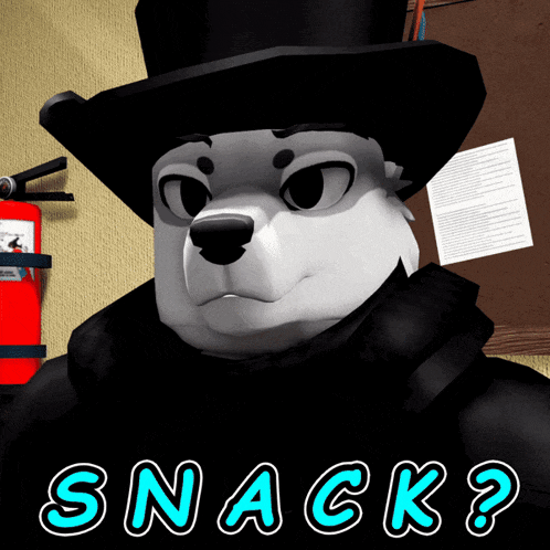 a black and white cartoon character wearing a top hat with the words snack below it